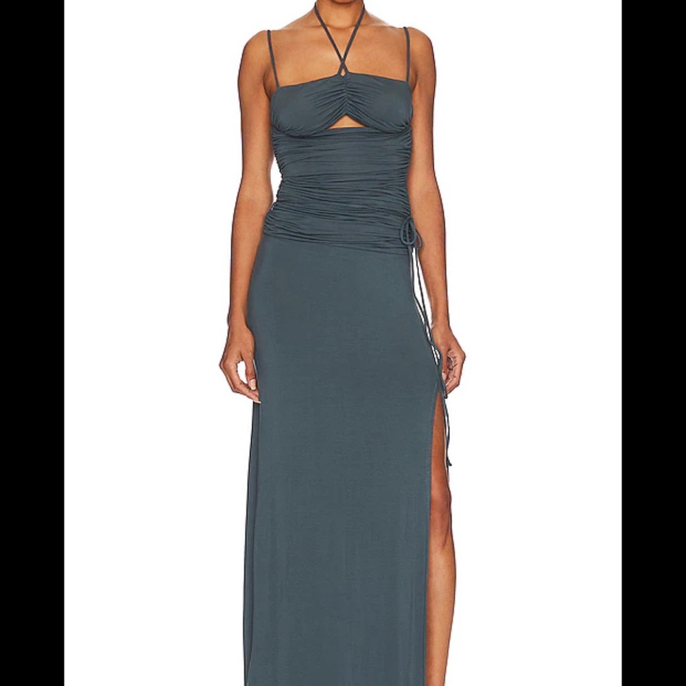 LPA Grey Blue Maxi Strappy Ruched Halter Dress NWT